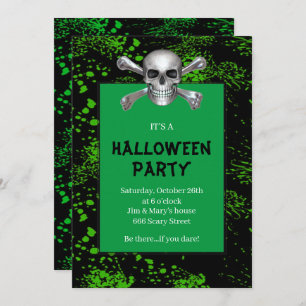 Invitación Crossbone Skull Green Splated Halloween Party