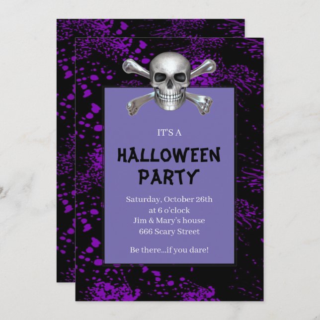 Invitación Crossbone Skull Púrpura salpicado Partido Hallowee (Anverso / Reverso)