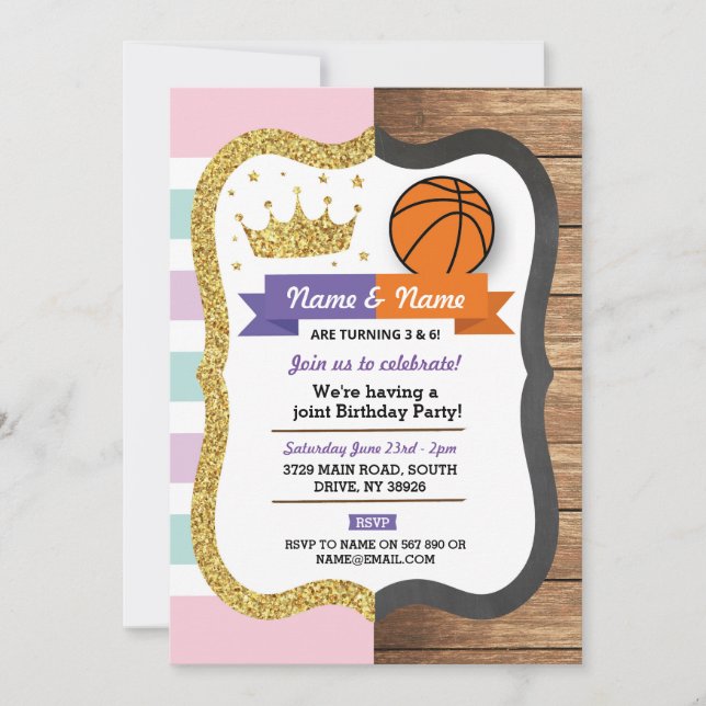 Invitación Crown & Basketball Joint Birday Chica Boy Sports (Anverso)