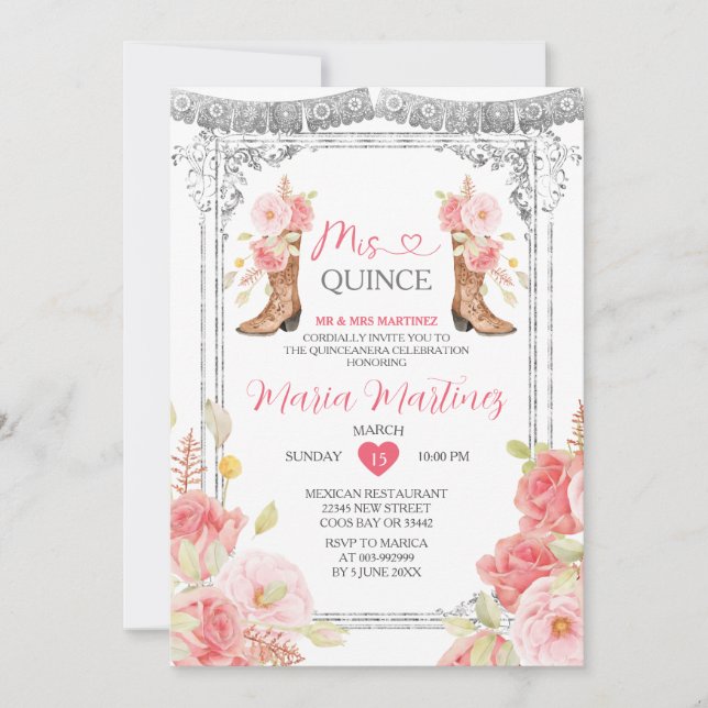 Invitación Crown De Plata Rosa Mis Quince Anos (Anverso)