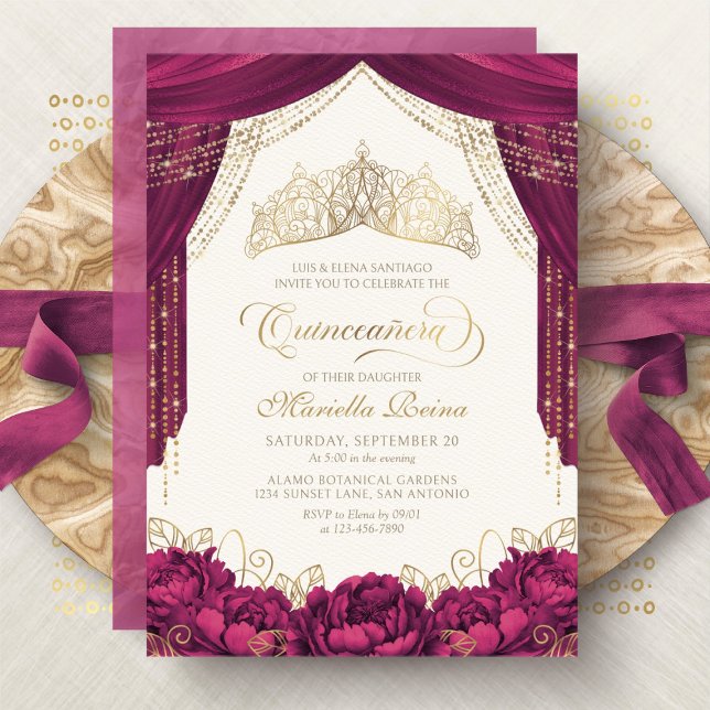 Invitación Crown Floral Borgoña Moderno Quinceanera (Subido por el creador)