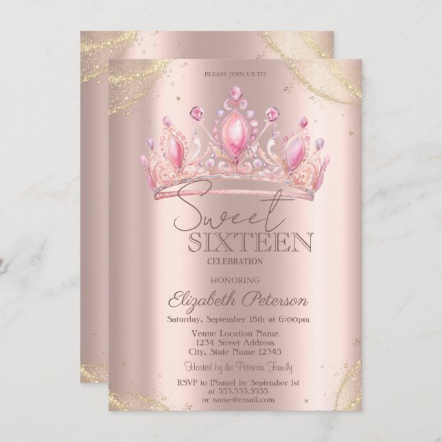 Invitación  Crown Gold Glitter Corners Rose Gold Sweet 16   (Anverso / Reverso)