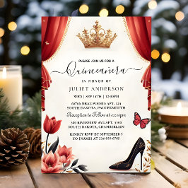 Invitación Crown rosa caliente Tiara Lace negro Quinceanera