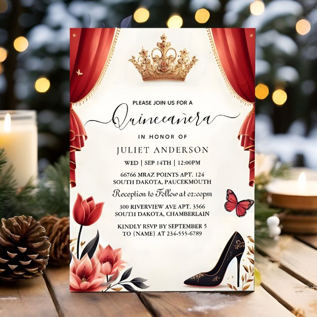 Invitación Crown rosa caliente Tiara Lace negro Quinceanera (Subido por el creador)