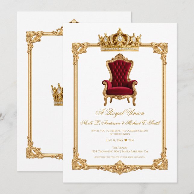 Invitación Crowned in Gold Royal Chair & Crown Wedding (Anverso / Reverso)