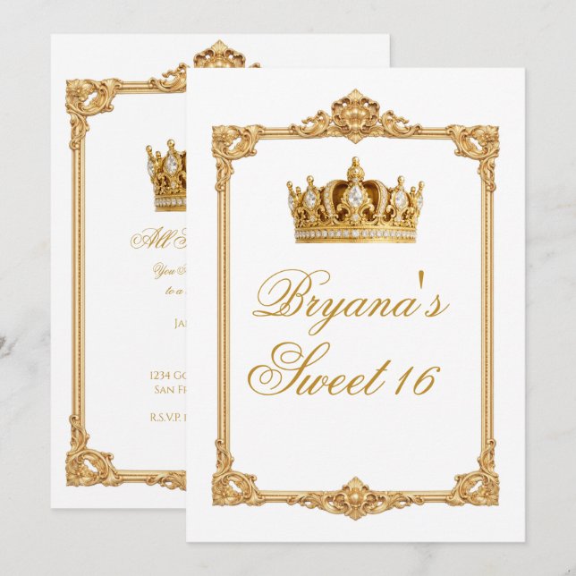 Invitación Crowned in Gold Royal Crown Birthday Party (Anverso / Reverso)