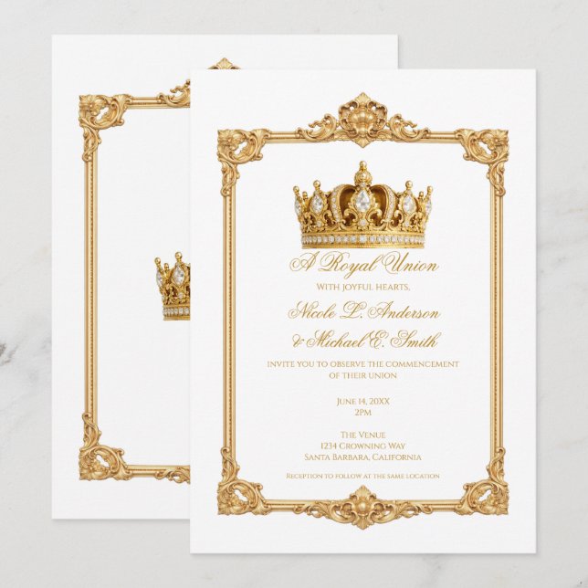 Invitación Crowned in Gold Royal Crown Elegant Wedding (Anverso / Reverso)