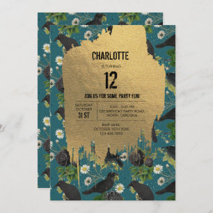 Invitación Crows de gótico y Rosas negros Verde azulados cump