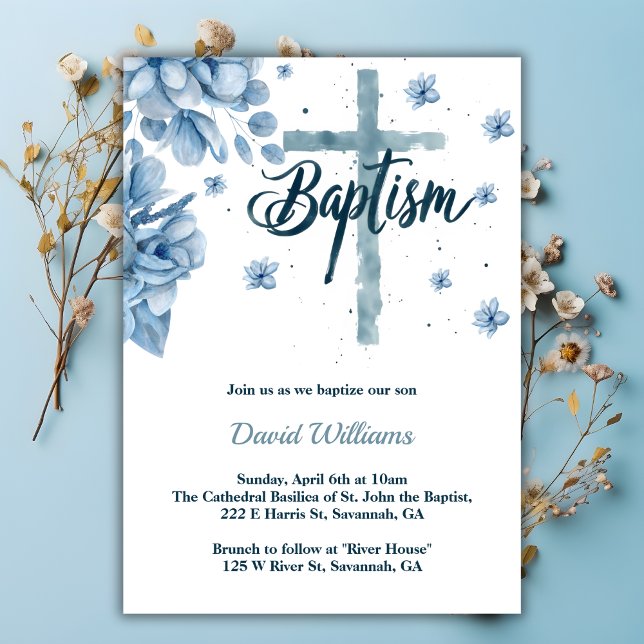 Invitación Cruce acuarela Florencia Dusty Blue Boy Baptism (Watercolor Cross Florals Dusty Blue Boy Baptism Invitation)