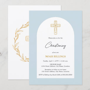 Invitación Cruce de Bautizo Minimalista Azul y Dorado
