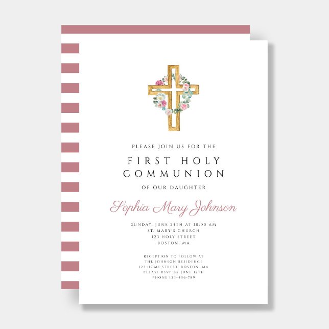 Invitación Cruce de guirnalda floral rosa cúpula Primera Comu (Cute Pink Floral Wreath Cross First Communion Invitation)