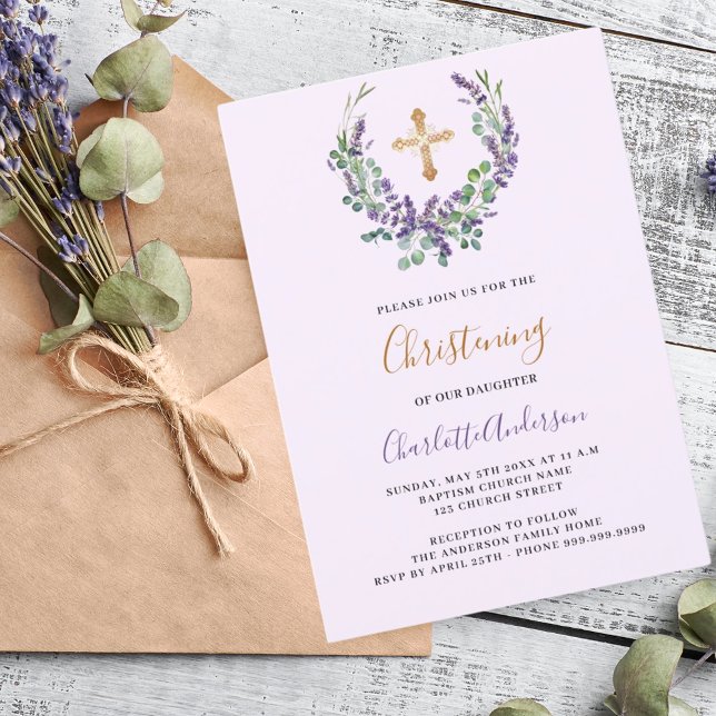 Invitación Cruce de oro chica violeta de Lavender (Subido por el creador)