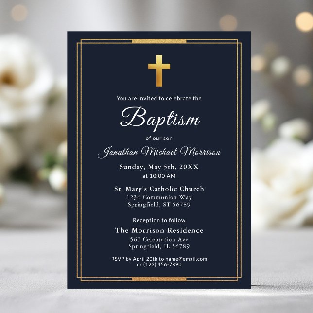 Invitación Cruce de oro estilo moderno Navy Baptismo elegante (Subido por el creador)