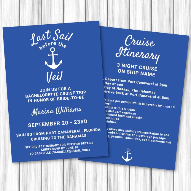 Invitación Cruceros Bachelorette La Última Vela Antes Del Anc (Last sail before the veil anchor invitation for a bachelorette cruise. Front and back. )