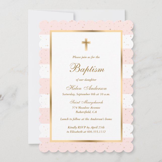 Invitación Cruces de Oro Rosa Estrellas Baptismo Chica a raya (Anverso)