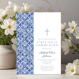 Invitación Cruces modernas baldosas azules niño primera comun