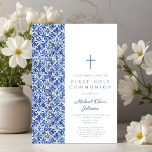 Invitación Cruces modernas baldosas azules niño primera comun