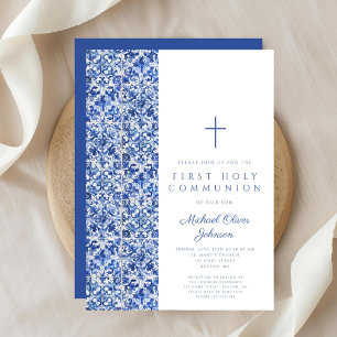 Invitación Cruces Modernas en Baldosas Azules Niño Primera Co