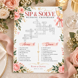 Invitación Crucigrama Floral Rosado Boda Beber y Resolver
