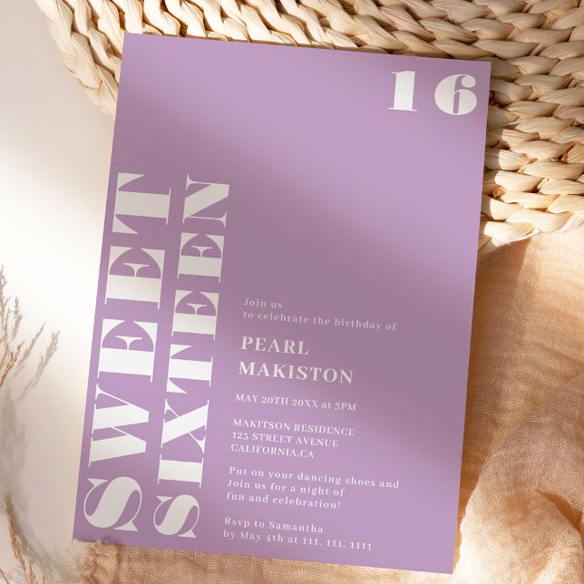 Invitación Crudo lavanda blanca dulce de 16 años (Bold simple white lavender sweet 16 birthday invitation)