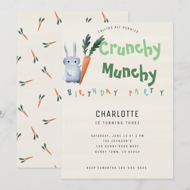 Invitación Crunchy Munchy Bunny Birthday Party Funny Cuid Kid (Anverso / Reverso)