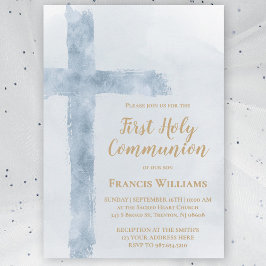 Invitación cruz acuarela azul Primera Comunión