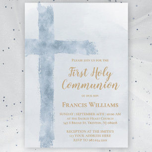 Invitación cruz acuarela azul Primera Comunión