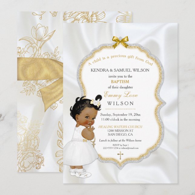 Invitación Cruz afroamericana del oro del bautismo de la niña (Anverso / Reverso)