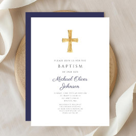 Invitación Cruz azul marino moderna bautizo religioso niño