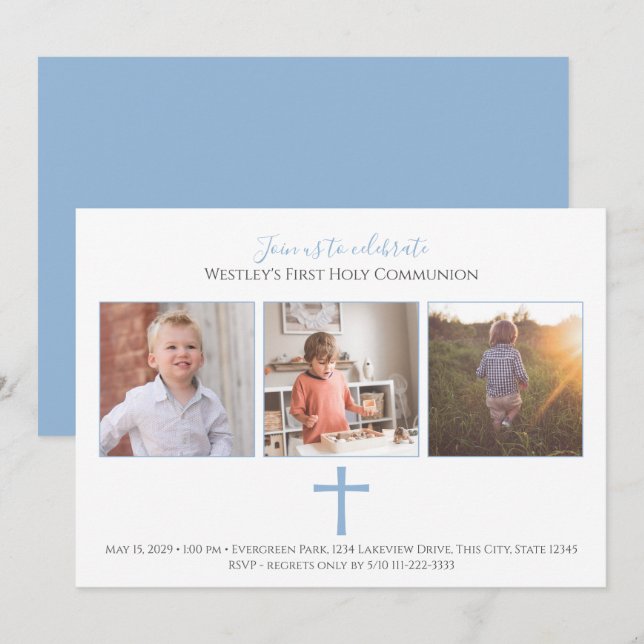 Invitación Cruz Azul Tri Foto Primera Comunión Moderna (Anverso / Reverso)