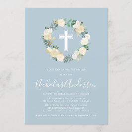 Invitación Cruz azul turbia con flores de crema y bautismo de
