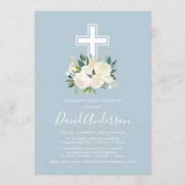 Invitación Cruz azul turbia con flores de crema y bautismo de