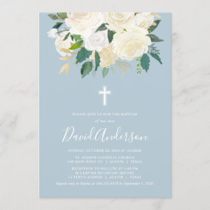 Invitación Cruz azul turbia con flores de crema y bautismo de
