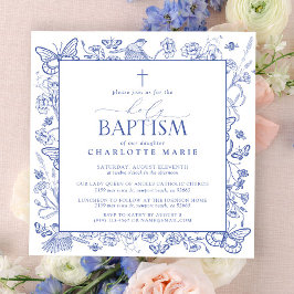 Invitación Cruz Azul y Blanca Santísimo Bautismo Mariposas Fl