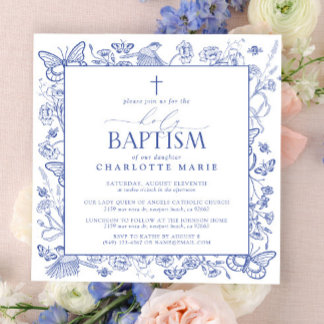 Invitación Cruz Azul y Blanca Santísimo Bautismo Mariposas Fl