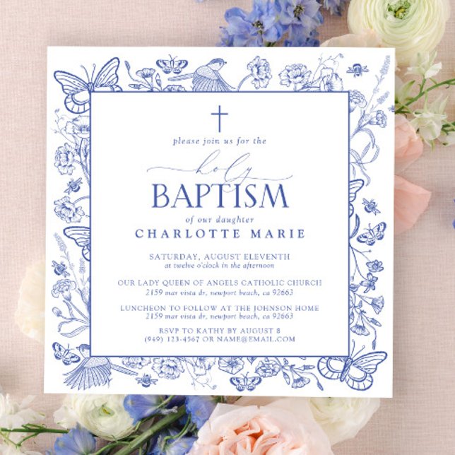 Invitación Cruz Azul y Blanca Santísimo Bautismo Mariposas Fl (Holy Baptism Invitation)