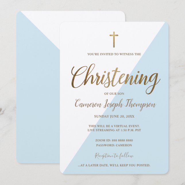 Invitación Cruz blanca blanca de oro simple Christine virtual (Anverso / Reverso)
