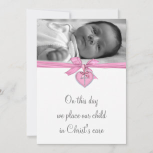 Invitación Cruz Blanca Rosa Bebé Niña Foto Bautizo