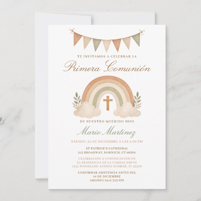 Invitación Cruz Boho Arcoíris Niño Primera Comunión Español (Anverso)