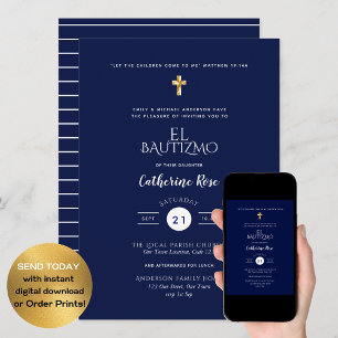 Invitación Cruz católica Blue Bautizo Bautismo Floral Laves