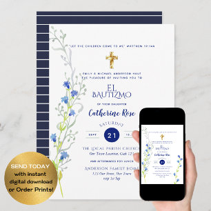 Invitación Cruz católica Blue Bautizo Bautismo Floral Laves