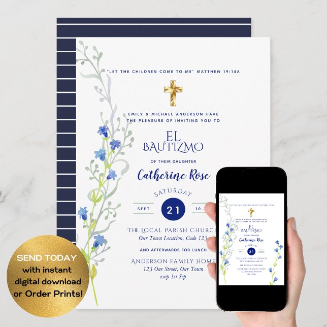 Invitación Cruz católica Blue Bautizo Bautismo Floral Laves (Subido por el creador)