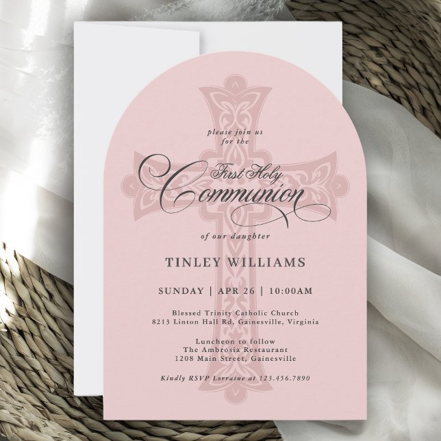 Invitación Cruz celta de comunión primera rosa polvorienta (Available in both printed and instant download digital formats.)