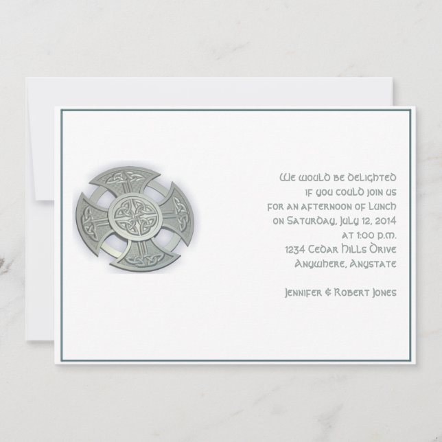 Invitación Cruz celta en blanco y plateado (Anverso)