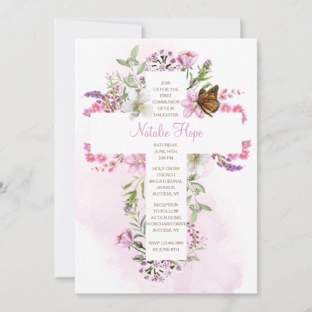 Invitación Cruz con flores Religiosas (Anverso)