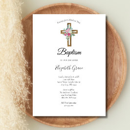 Invitación Cruz con Flores Rosadas Bautizo Bautismo