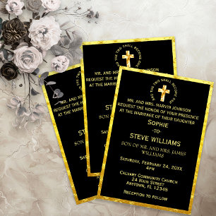 Invitación Cruz cristiana de oro tradicional Boda negro