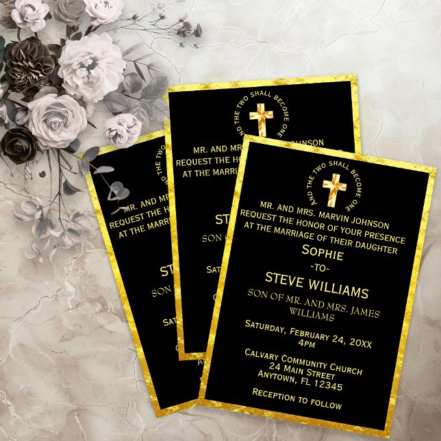Invitación Cruz cristiana de oro tradicional Boda negro (Traditional Gold Christian Cross Black Wedding Invitation)