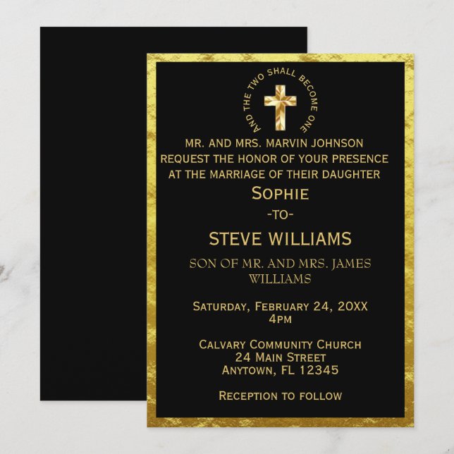 Invitación Cruz cristiana de oro tradicional Boda negro (Anverso / Reverso)