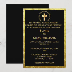 Invitación Cruz cristiana de oro tradicional Boda negro
